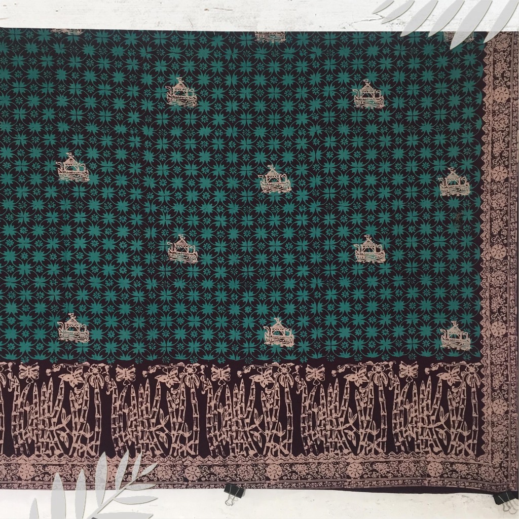 Batik jambi motif bolo kombinasi bunga hijau coklat | dasar bahan baju (Panjang.2m Lebar.105cm)