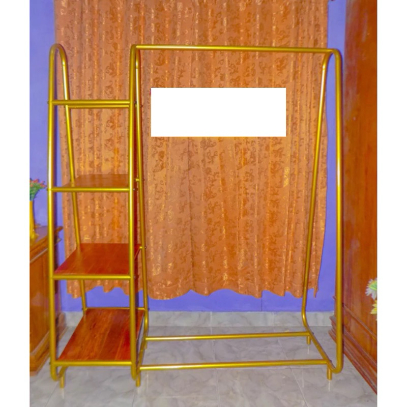 Rak Display Tingkat Tiang Siku | Rak Hanger Baju Serbaguna - WHITE & GOLD | Gawang Baju Rak Papan | 