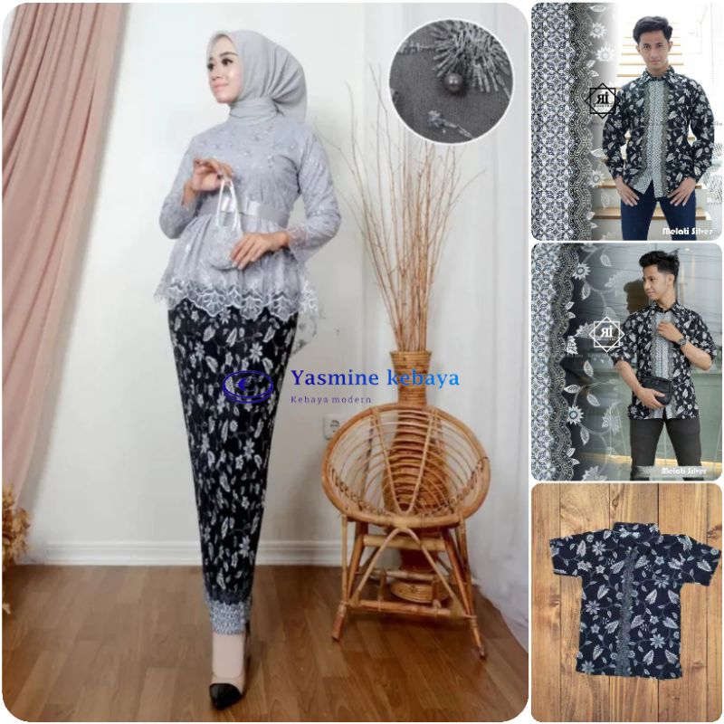 Baju Kebaya Couple Blouse Aurora Pita Silver Set Rok Plisket Batik Pasangan Kemeja Batik Ayah Lengan