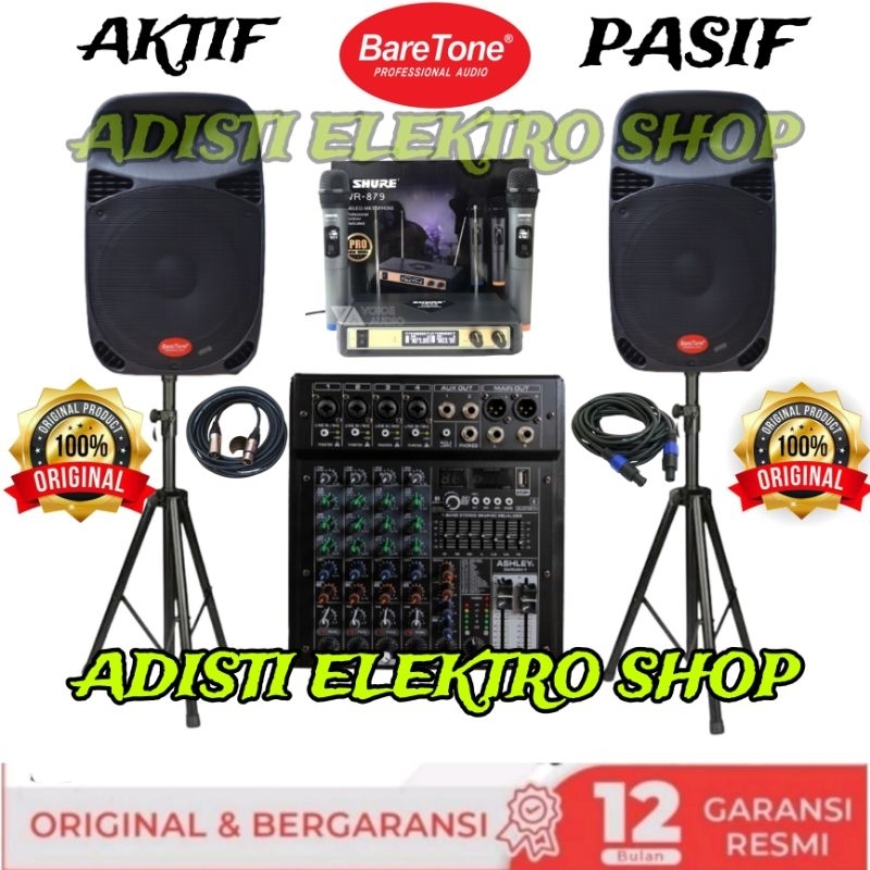 PAKET KARAOKE BARETONE 15 INCH MIXER AUDIO ASHLEH 4 CHANNEL PAKET SPEAKER BARETONE 15INCH