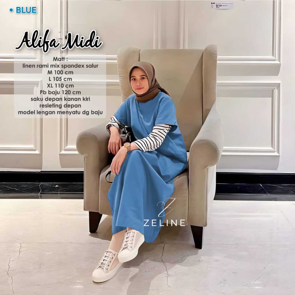 Alifa Midi Dress Bahan Linen Rami Kombinasi Cotton Combed Salur Tebal By Zeline-Midi Dress Muslim Ko