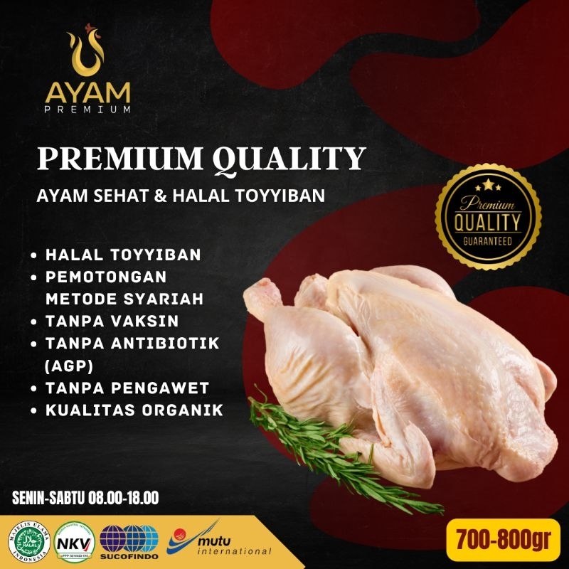 

AYAM PREMIUM BROILER ORGANIK UTUH KARKAS FROZEN 700-800gr