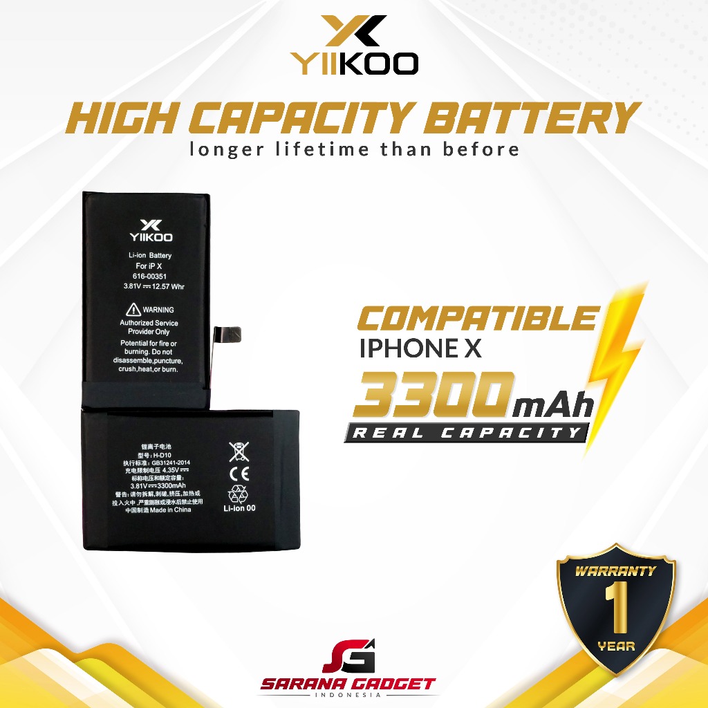 YIIKOO Baterai Iphone X High Capacity Battery Batre Batrai Dual Double Power HP Handphone Ip Ori Ori