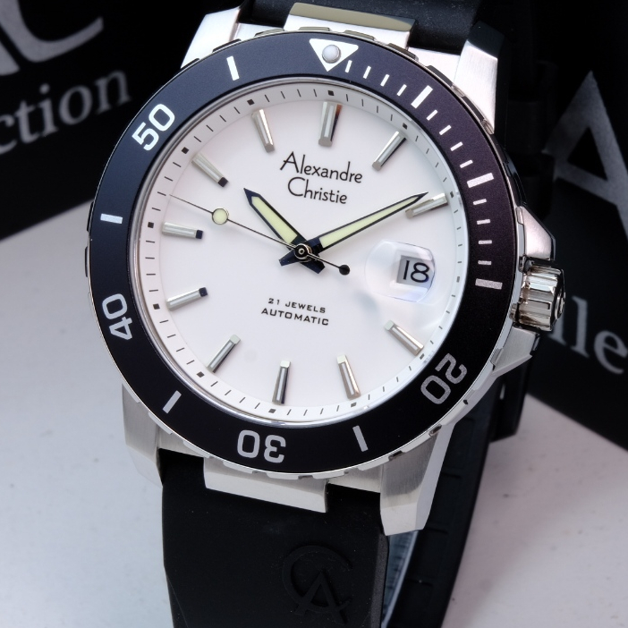 Alexandre Christie Pria Original Warna Silver Black White - AC6141 - Mesin Automatic - Rubber Strap