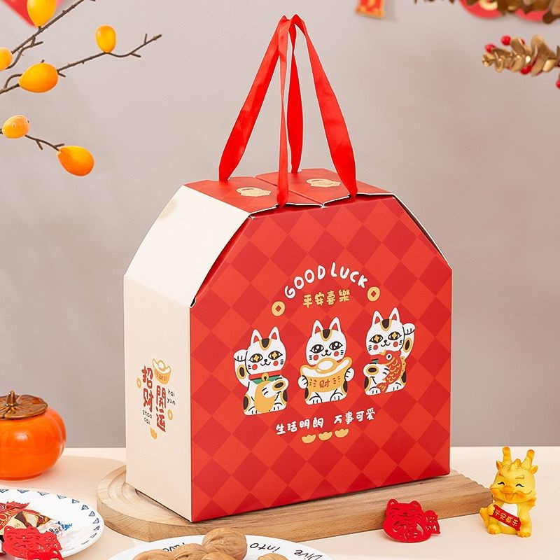 

5 pcs Dus paperbag imlek motif kucing good luck box hamper tenteng sincia dus hadiah impek sincia warna merah