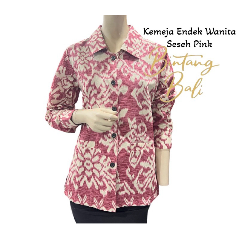 Kemeja Endek Bali Katun Wanita Motif Terbaru Seseh Pink Hijau Ungu Lengan Panjang