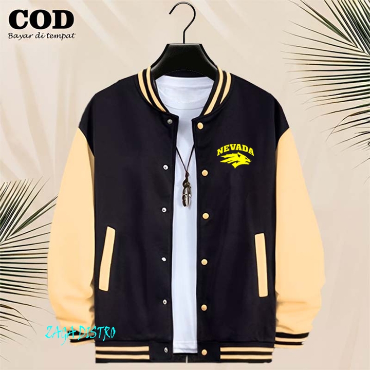 BISA COD Jaket Bomber Varsity Baseball Kancing Nevada Text Kuning Jaket Varsity Pria / Baseball Dist