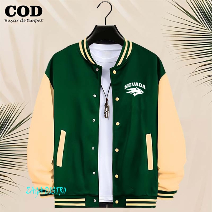 BISA COD Jaket Bomber Varsity Baseball Kancing Nevada Text Putih Jaket Varsity Pria / Baseball Distr
