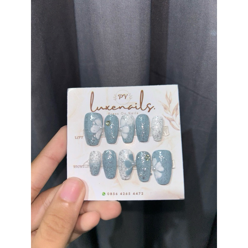 Kuku Palsu / Press On Nails / Wedding Nail art / Fake nails cat eye Warna biru blue