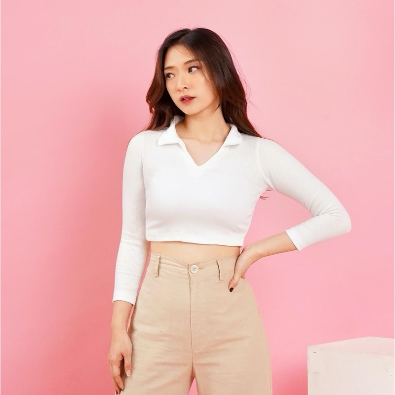 [JEANSNESIA] - baju crop lengan panjang / polo crop top / v neck / polo wanita