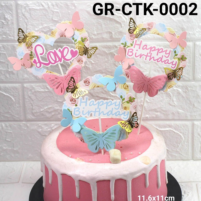 SPONTAN GRCTK2 Cake topper kertas hiasan kue ulang tahun bunga kupukupu yamama baking