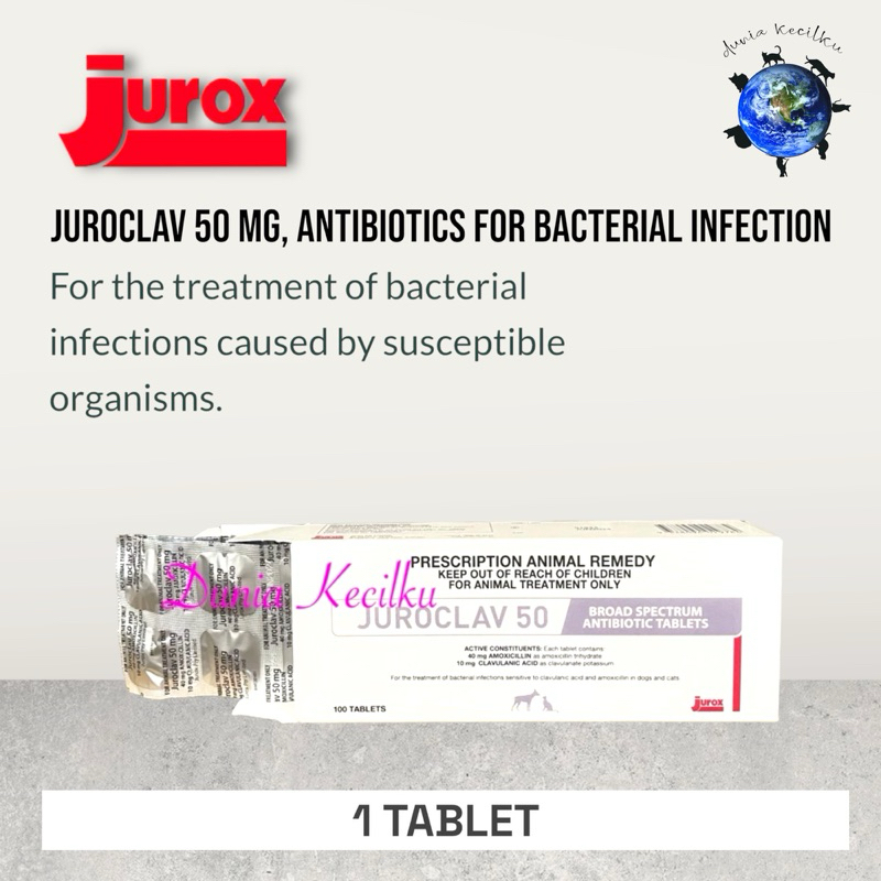 Juroclav 50mg Tablet Antibiotik Kucing dan Anjing - (1 TABLET)