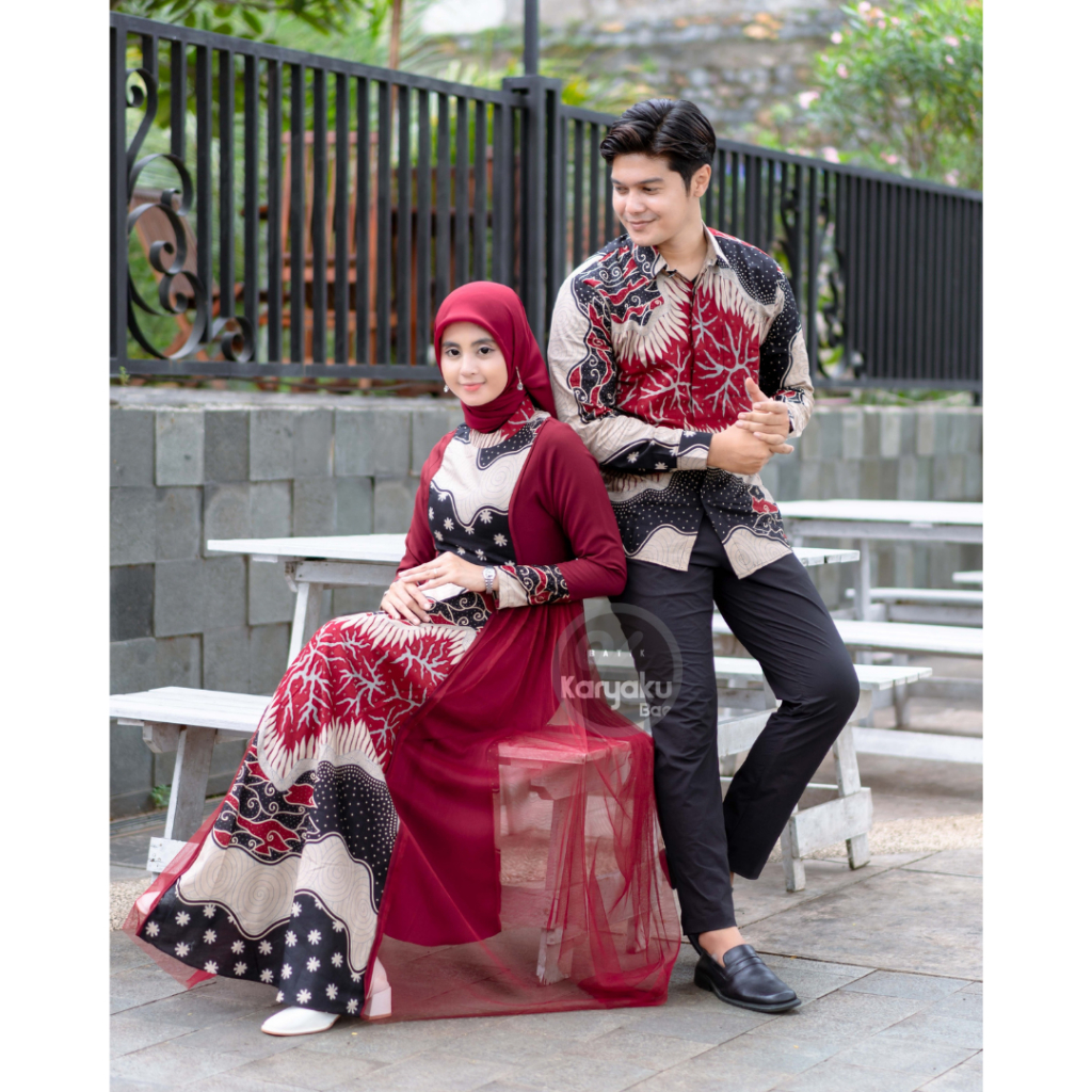 COUPLE GAMIS BATIK KATUN MODERN GAMIS BATIK KOMBINASI KEMEJA BATIK