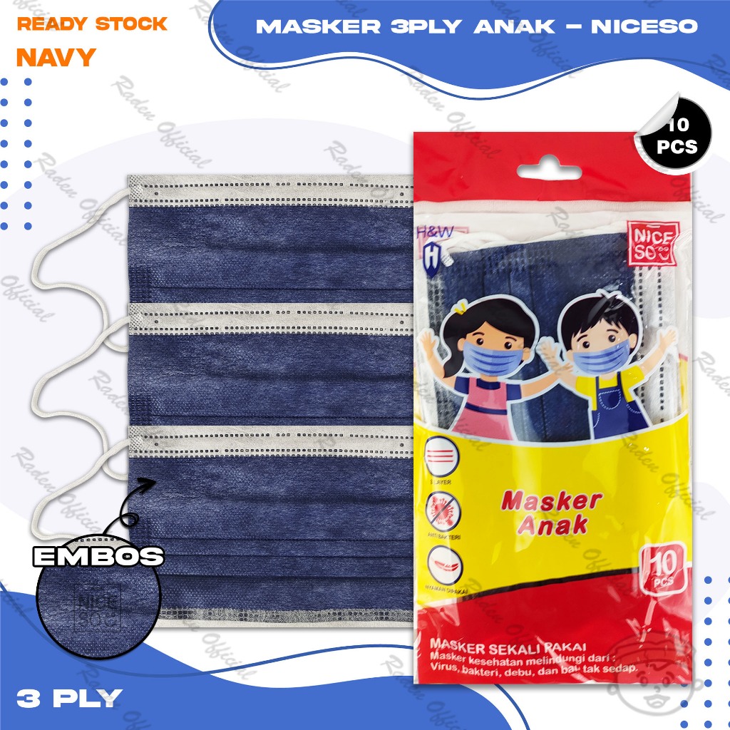 Masker Anak Medis 3Ply NICESO Isi 10Pcs Warna Navy Biru Dongker 3 Ply Earloop Surgical Mask Kemenkes