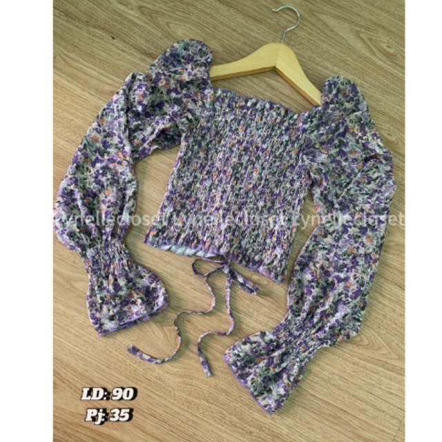 CROP TOP / ATASAN KOREA / BLOUSE / RENDA / BUNGA / FLOWER / PITA / COQUETTE / PURPLE / LILAC / UNGU