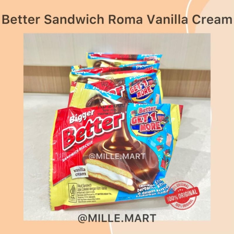 

[1 renteng isi 10 pcs ] BETTER SANDWICH ROMA COKELAT DENGAN KRIM VANILLA/ BETTER COKLAT BISKUIT 27GR x 10 pcs