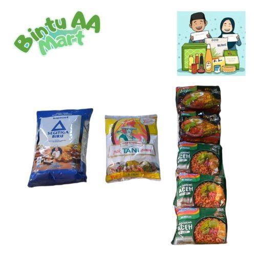 

Paket sembako hemat dan praktis 3 : Tepung terigu Segitiga biru 1kg, Tepung tapioka Cap Pak Tani 500 gr, Indomie goreng ayam geprek 85 gr 2 pcs dan Indomie goreng Aceh 90 gr 3 pcs