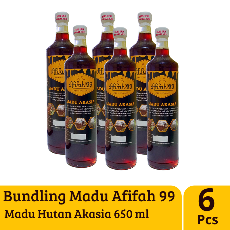 

Bundling 6 Pcs Madu Hutan Akasia Afifah 99 (650 ml) Madu Sialang - Madu Hutan Asli Murni