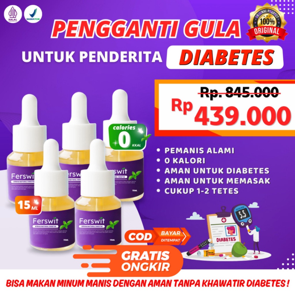 

Ferswit Stevia, Gula Stevia Cair, Tetes Asli Alami Paket 5 Botol Isi 75 Ml