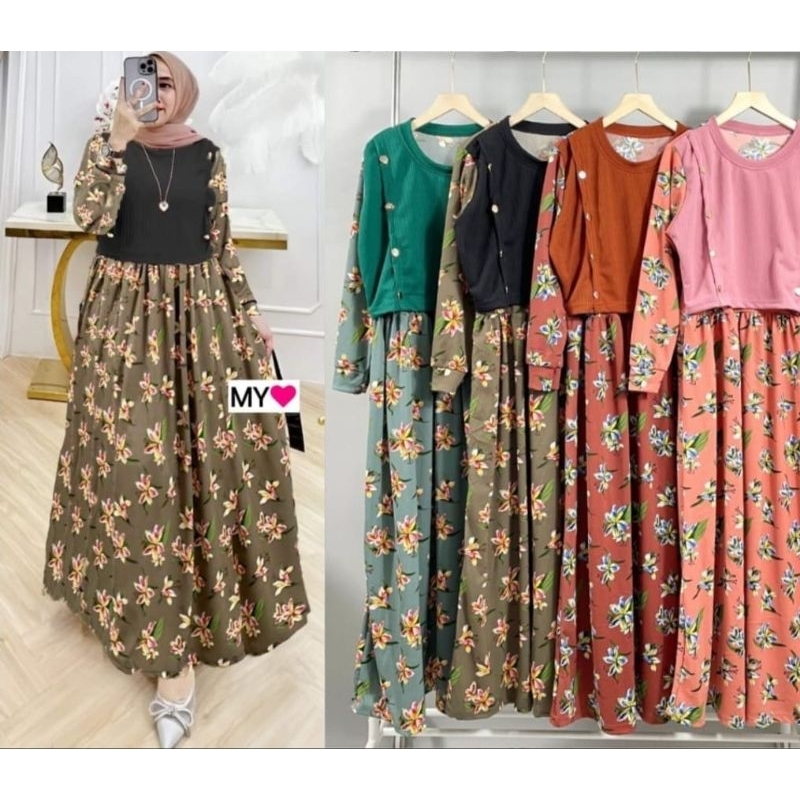 Devstore Grosir Kediri gamis Rompi kombinasi bunga
