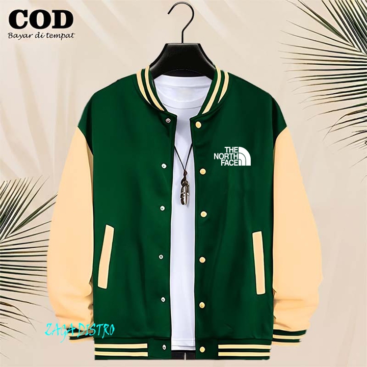 BISA COD Jaket Bomber Varsity Baseball Kancing Tnf Text Putih Jaket Varsity Pria / Baseball Distro P