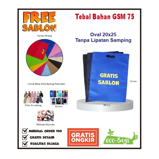 

TAS SPUNBOND OVAL 20X26 (SABLON COSTOM) UNTUK TAS SOUVENIR, SYUKURAN, MENGENANG, PROMOSI, MAP, CLOTHING