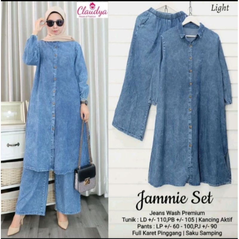 Lv - Jammie Set Tunik Top Celana Setelan Wanita Jeans Jins Denim Terbaru Kekinian