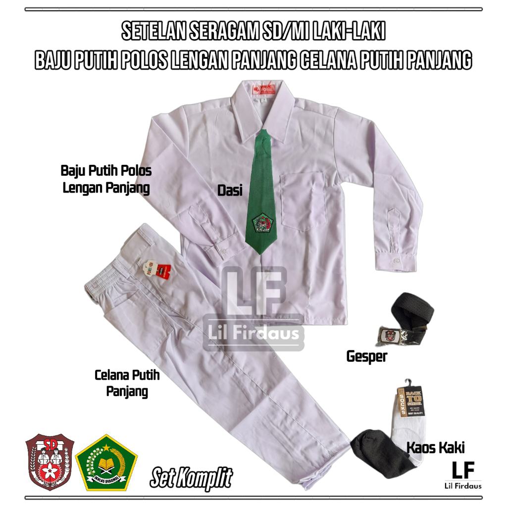 Set Seragam SD/MI Laki-Laki Baju Putih dan Celana Putih Panjang