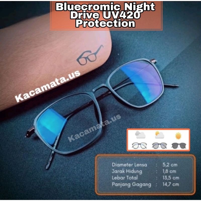 BLUECROMIC - KACAMATA LENTUR DAN RINGAN - LENSA 3IN1 NIGHT DRIVE PHOTOCROMIC BLUERAY ANTI RADIASI RA
