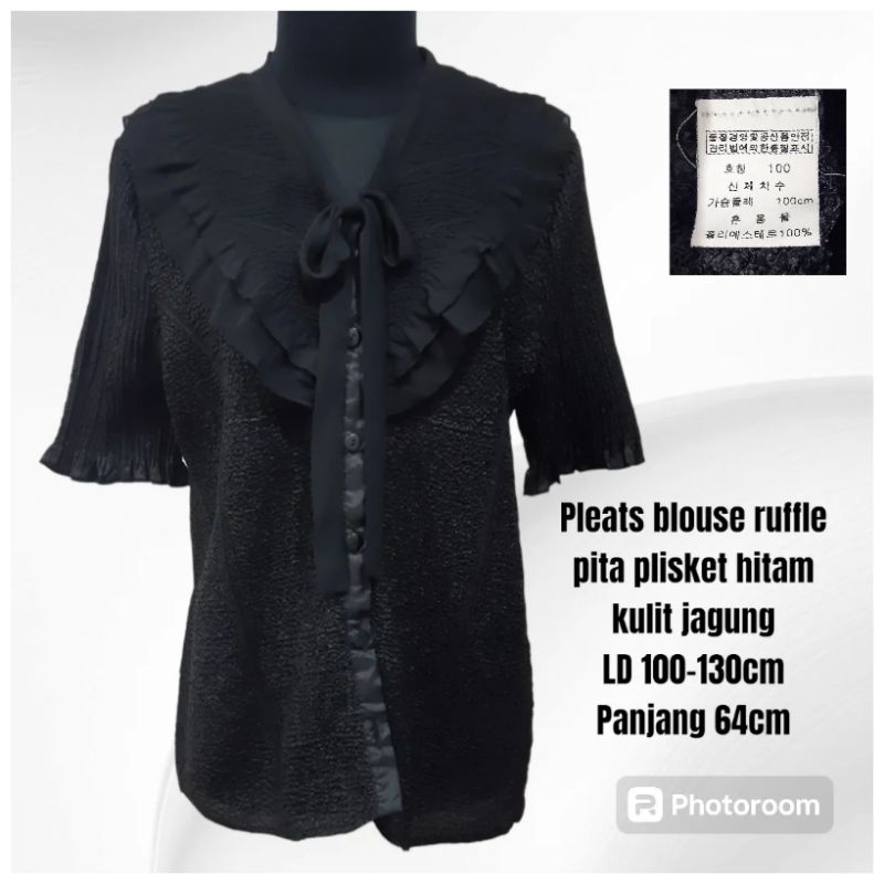 Pleats blouse wanita ruffle pita plisket hitam kulit jagung