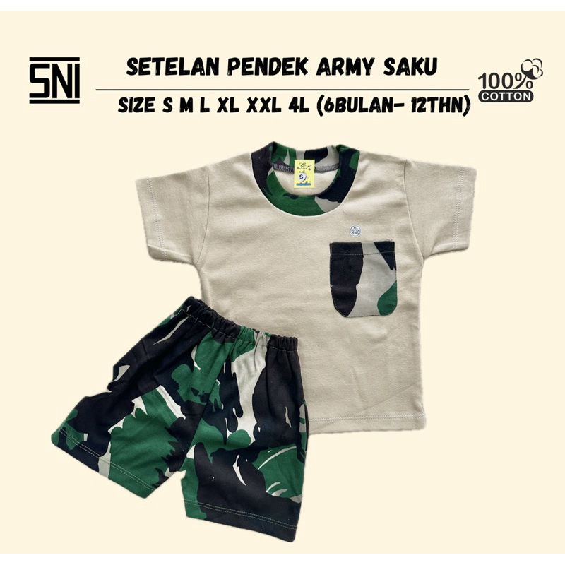 Setelan Pendek Kaos Oblong Anak Laki Laki Army Saku SNI