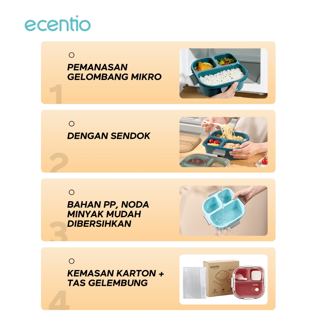 Ecentio Kotak Bekal Anti Tumpah Tumpah 3 Grid 1100Ml Kotak Makan Wadah Bekal Anti Tumpah Kotak Sup