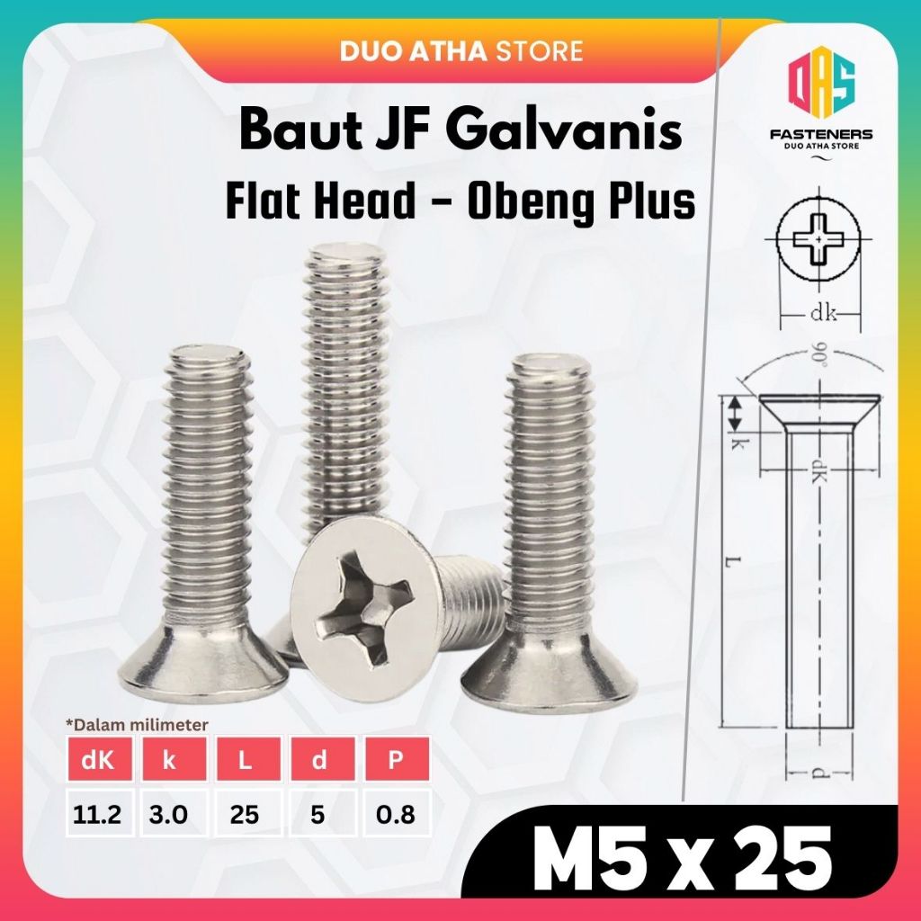 M5x25 Baut JF Flat Head Baut JF M5 x 25 Obeng Plus