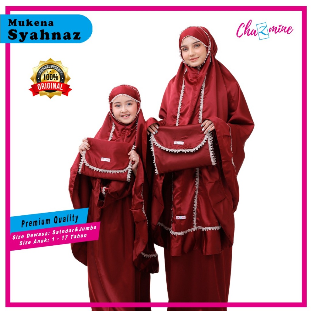 CHAZMINE - Syahnaz Mukena Couple Ibu Anak 2 Fungsi Resleting Dagu Mukenah Polos Kombinasi Rends