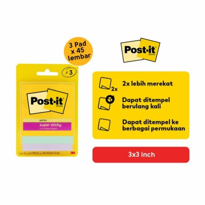 

Post-it 3M Super Sticky Notes 3x3" 45Lembar (Isi 3 Pad) 3321-3SSJP SWT