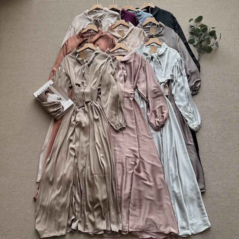 Oclo Shilkya Dress Ribbon Basic Casual Armani Silk Gamis Gaun Wanita Satin Polos Lengan Panjang OCL0
