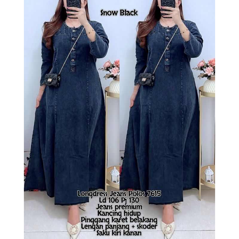 7615 COD  LONGDRESS JEANS POLOS LENGAN PANJANG WANITA|DRESS MAXI|DRESS JEANS