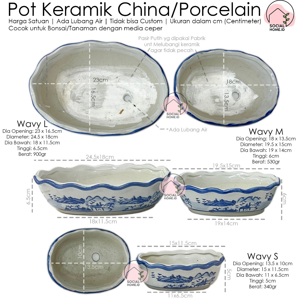 Pot Tanaman Bonsai Ceper Keramik China Putih, Porcelain, Porselain, Poselen, ada lubang air, Bonzai,