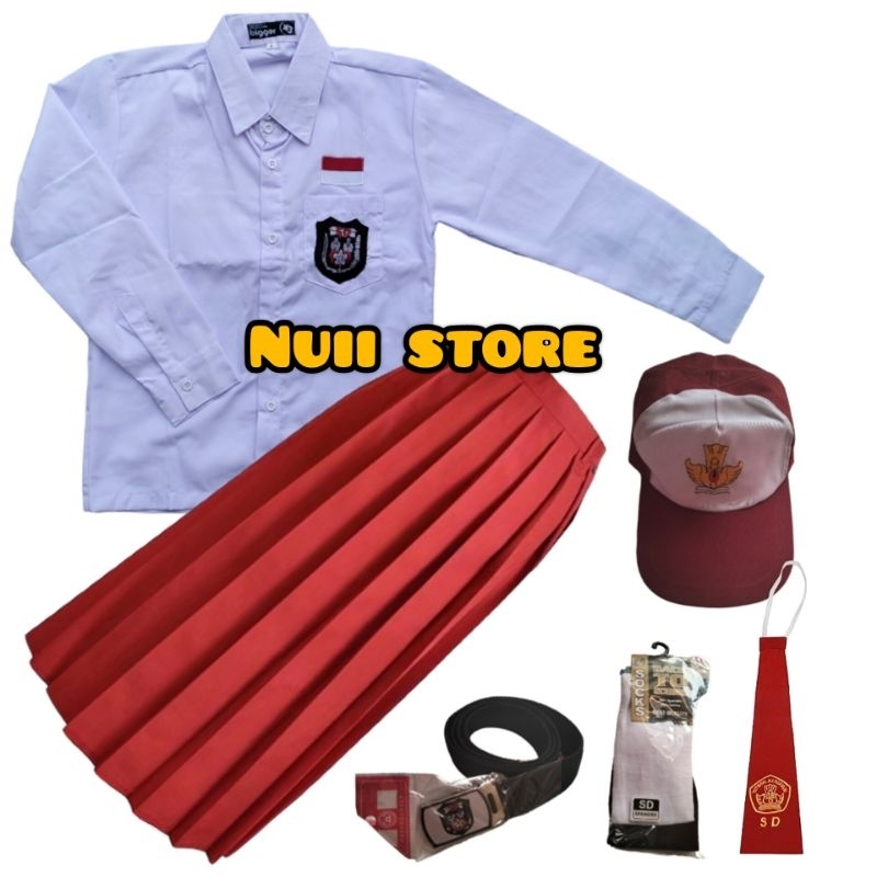 Setelan Seragam SD Merah Putih Anak Perempuan Baju Panjang Rok Merah Panjang Remper