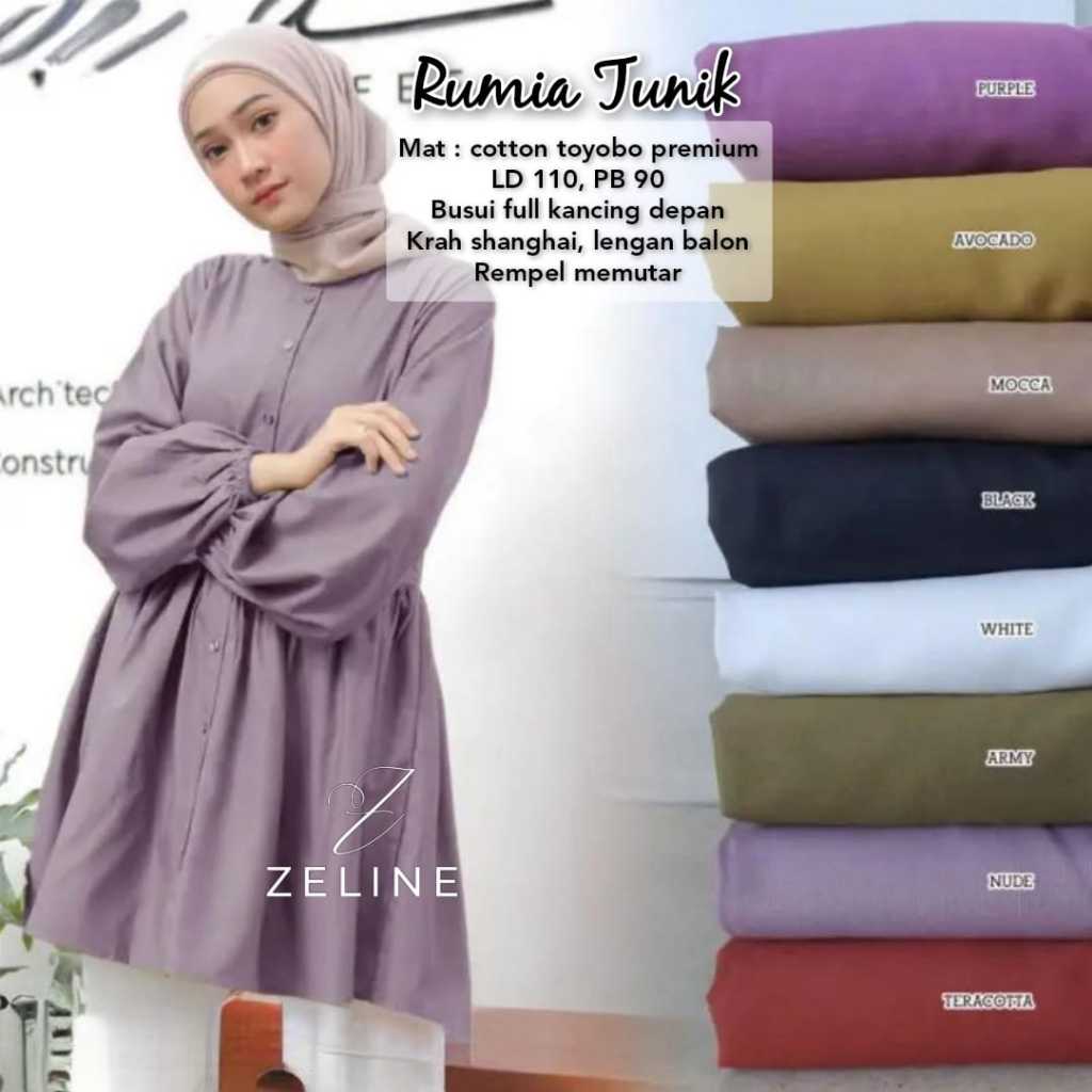 Rumia Tunic Bahan Toyobo Premium Original By ZELINE/Tunik Toyobo Polos LD 110 Rempel Cantik Busui El