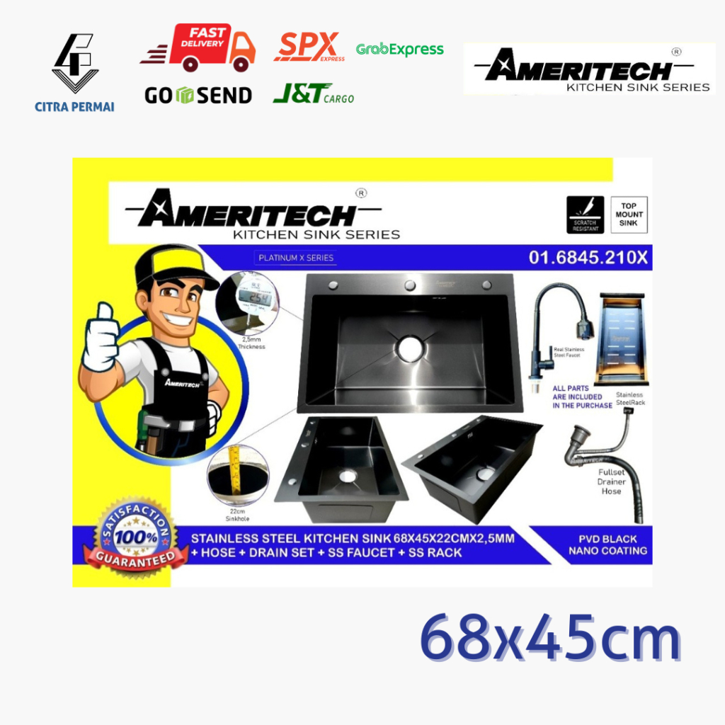 KITCHEN SINK BCP CUCI PIRING AMERITECH BLACK STAINLESS KOMPLIT 68x45cm DAN 60x45cm