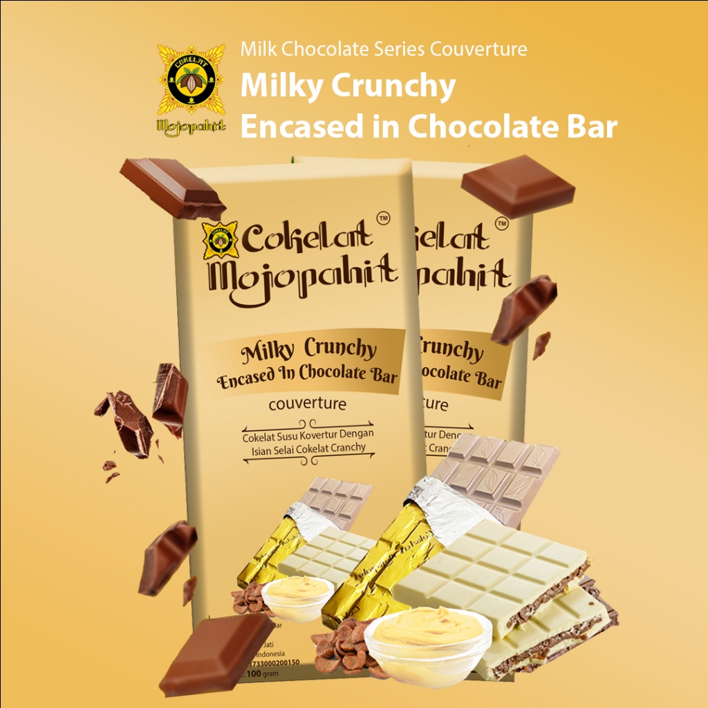 

COKELAT MOJOPAHIT I MILKY CRUNCHY ENCASED IN CHOCOLATE BAR COUVERTURE I MILK CHOCOLATE SERIES 100 GR