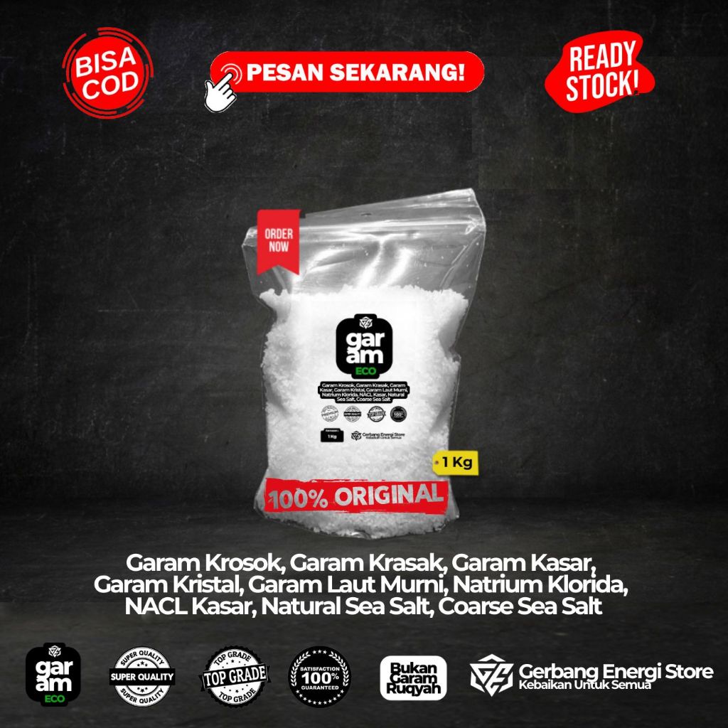 

GARAM ECO SEA SALT - Natural Sea Salt / Coarse Sea Salt / Garam Laut Murni / Garam Kristal / Garam Krosok / Garam Kasar / Garam Non Yodium / Natrium Cloride / Garam Serbaguna Sejuta Manfaat Food Grade ( 1000 Gram )