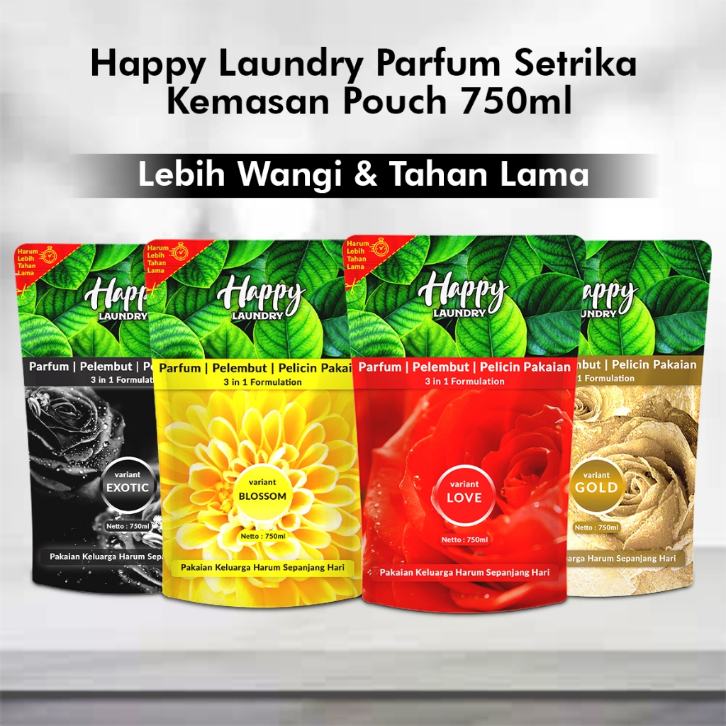 Happy Laundry Pewangi Laundry Pelembut dan Pelicin Pakaian Setrika Kemasan Pouch