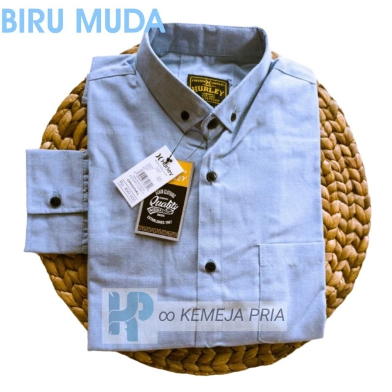Kemeja Pria Biru Muda Polos Lengan Panjang Hem Slimfit