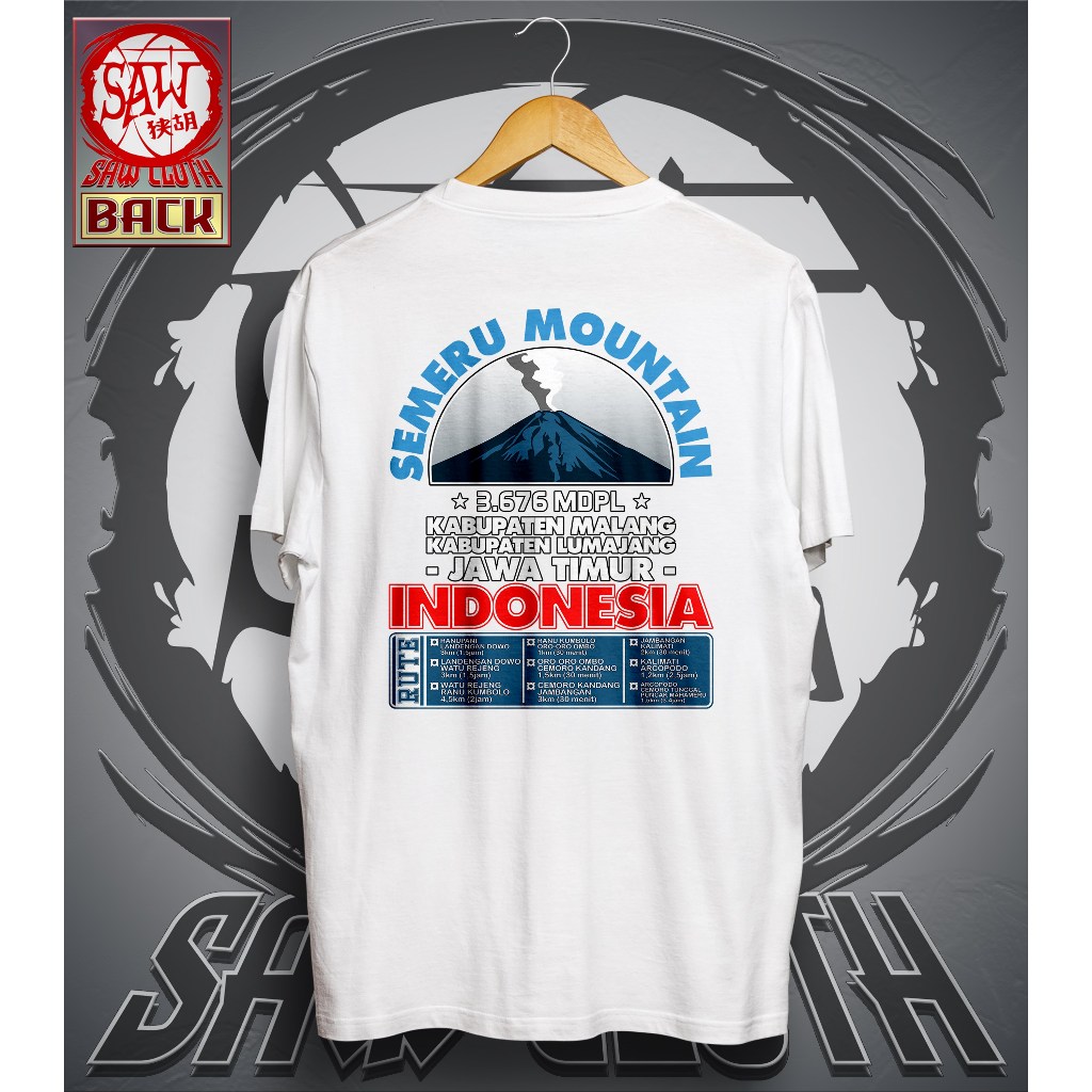 S.A.W CLOTH GUNUNG SEMERU JAWA TMUR ART T-Shirt Kaos NAIK GUNUNG HIKING Pria Wanita Distro Casual