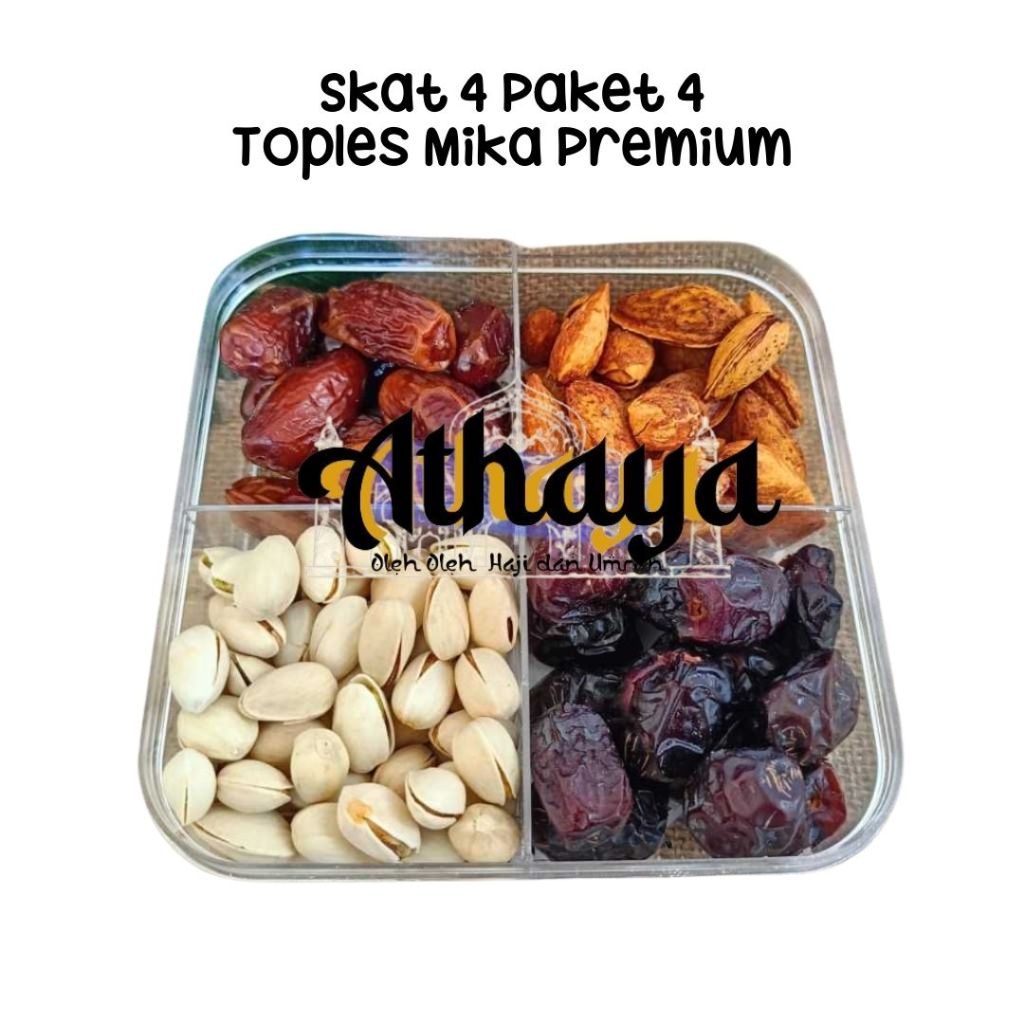 

Sajian Paket toples 4 sekat khas arab / Kurma khalas+Kurma madu+Pistachio+Almond