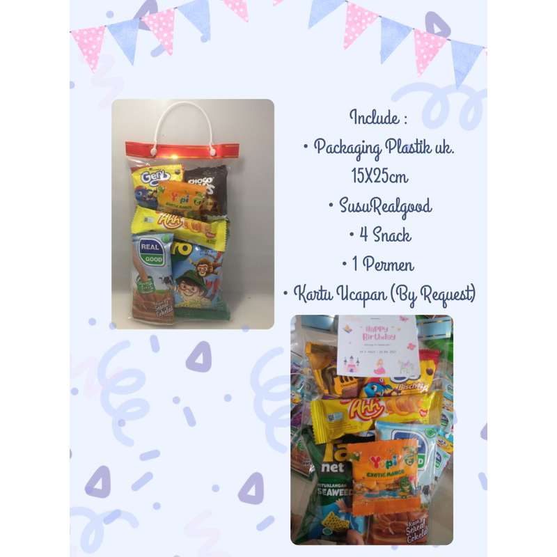 

(BELI 15 GRATIS 1) BINGKISAN SNACK ULANG TAHUN ANAK/SNACK ULTAH ANAK/PAKET ULTAH/SOUVENIR ULTAH/KHITAN/ SUNAT/NATAL/LEBARAN/CHRISTMAS/TAHUN BARU/IMLEK