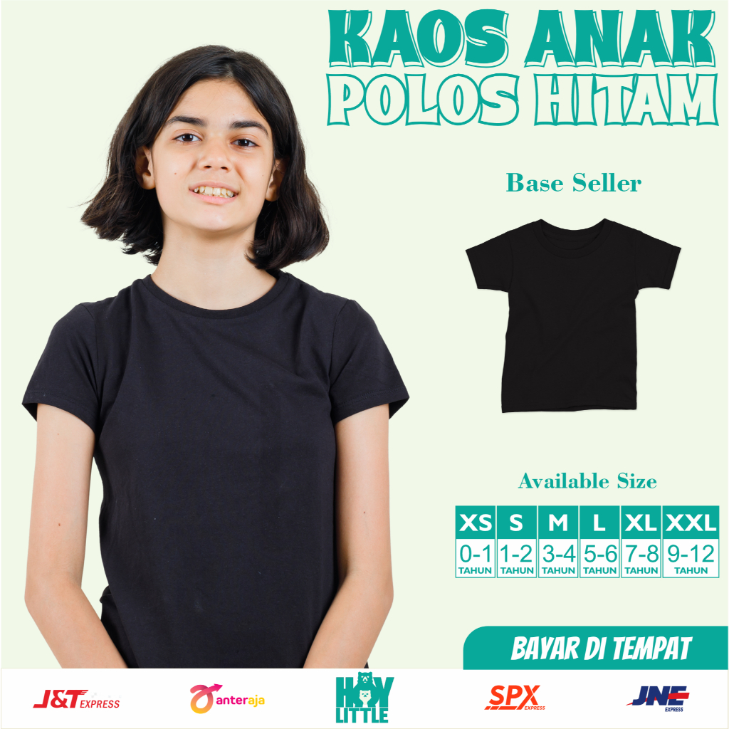 (Bisa Cod) Kaos Polos Anak Hitam Cowok Cewek 1-12 Tahun