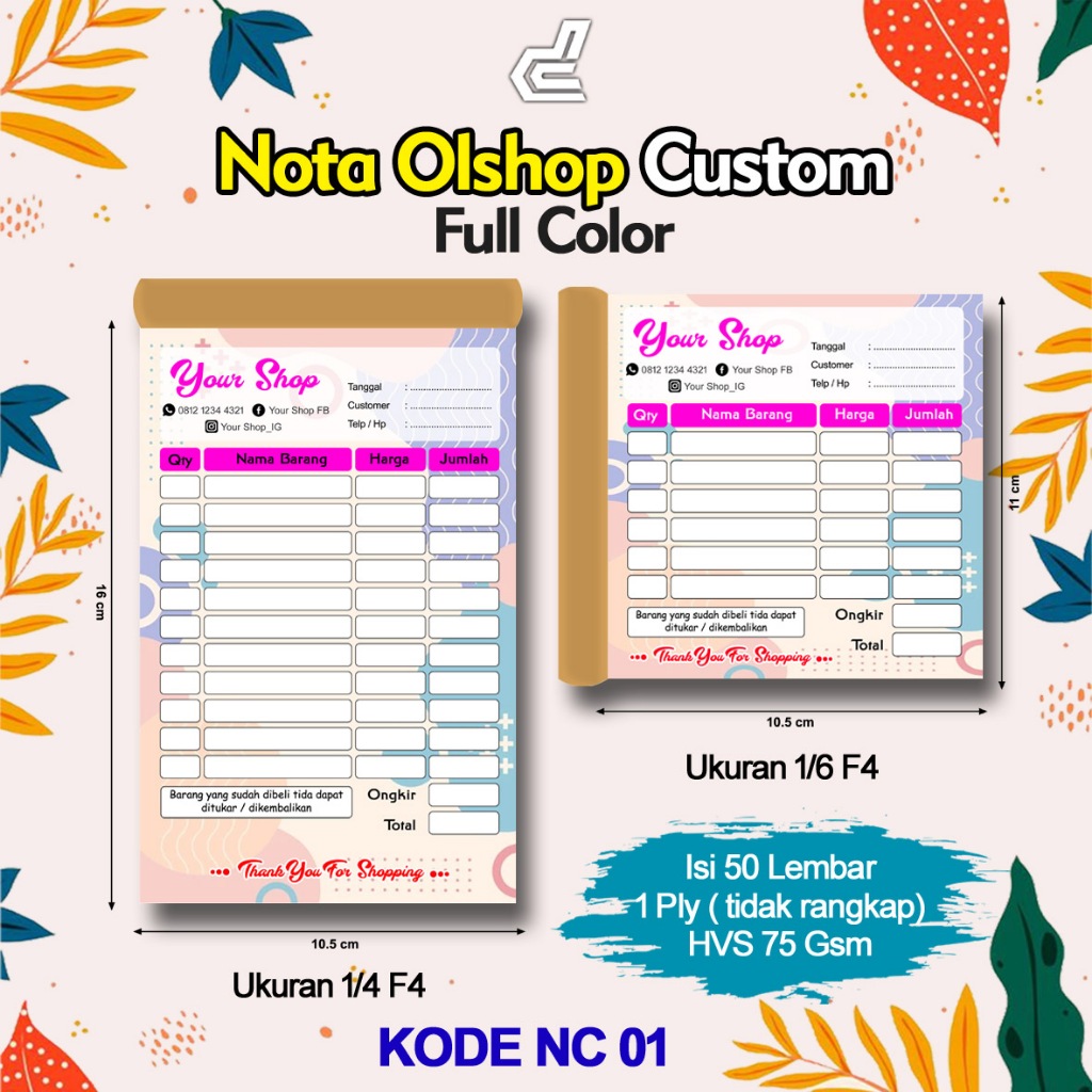 

JUAL NOTA OLSHOP / OFLINE SHOP CUSTOM FULL COLOR 1 PLY